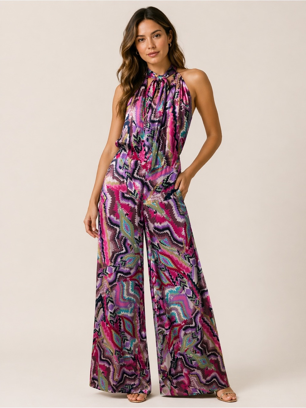 Halter-Neck Wide-Leg Jumpsuit in Pink Multi Print